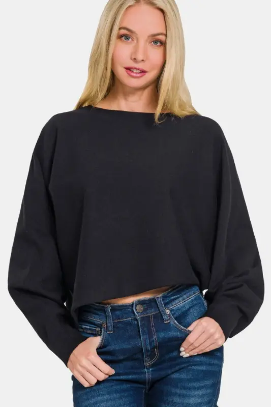 Asymmetric Hem Long Sleeve Sweater – Black online