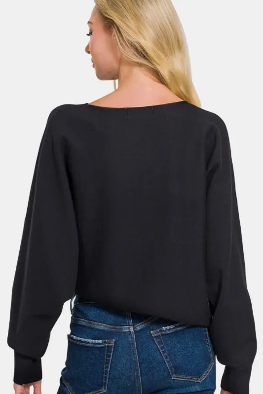Asymmetric Hem Long Sleeve Sweater – Black online