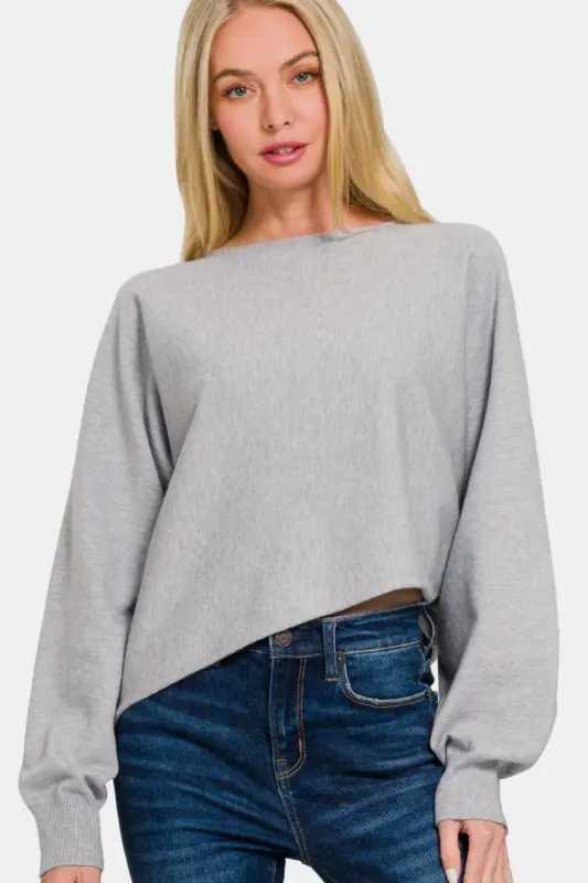 Asymmetric Hem Long Sleeve Sweater – Grey online