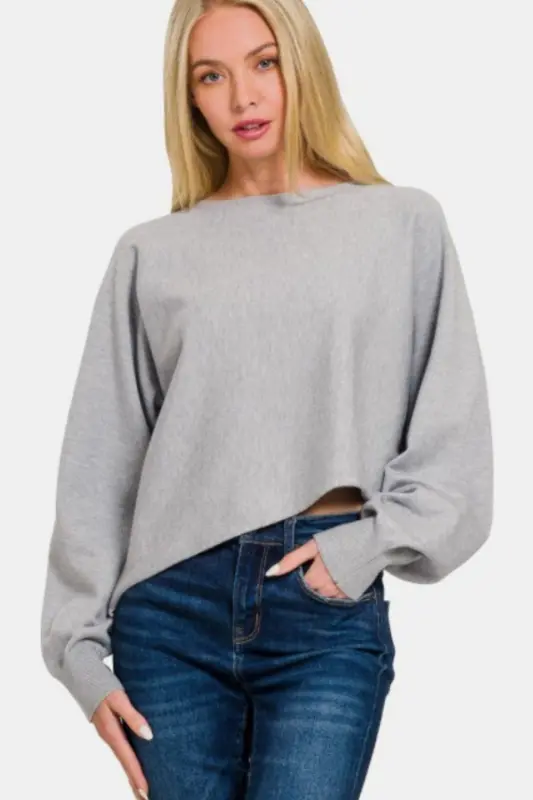 Asymmetric Hem Long Sleeve Sweater – Grey online
