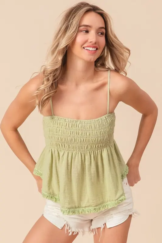 Sage Fringed Hem Smocked Cami online