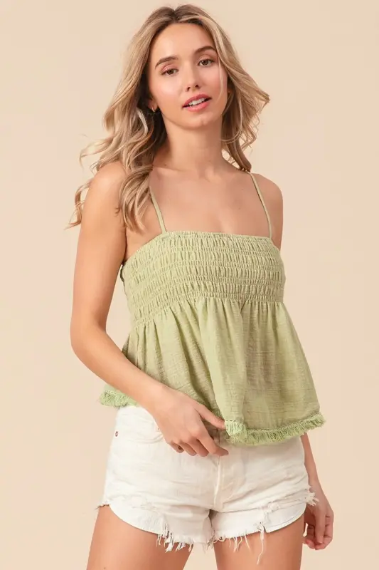 Sage Fringed Hem Smocked Cami online