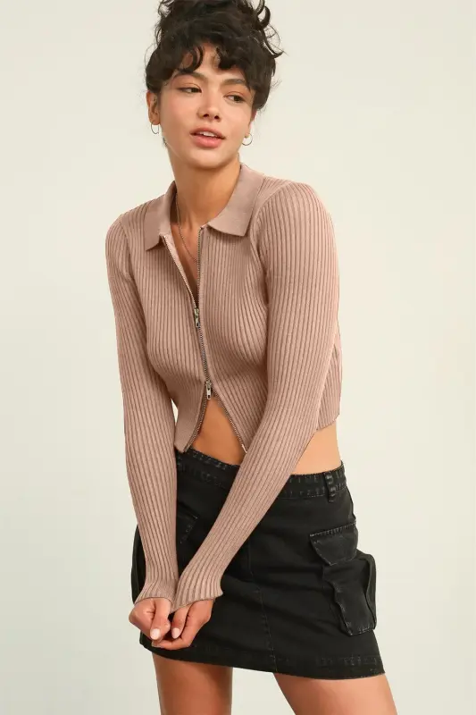 Taupe Ribbed Double Zip Cropped Cardigan online