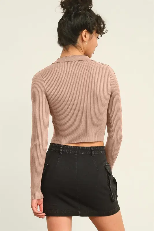 Taupe Ribbed Double Zip Cropped Cardigan online