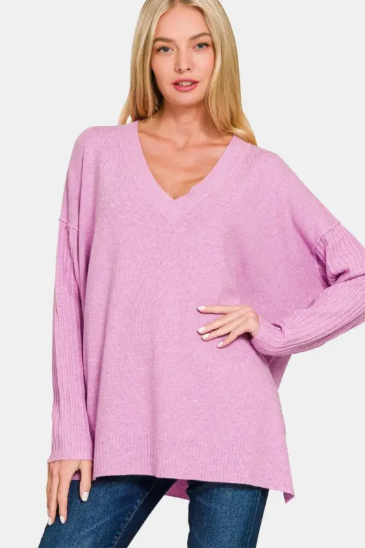 V-Neck Side Slit High-Low Sweater – Mauve online