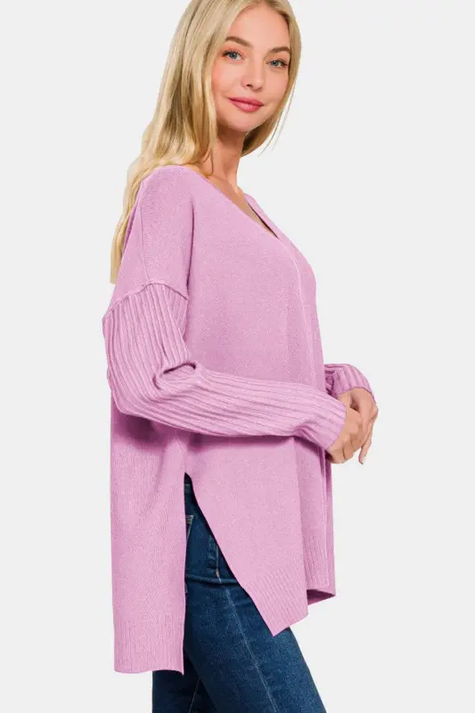 V-Neck Side Slit High-Low Sweater – Mauve online