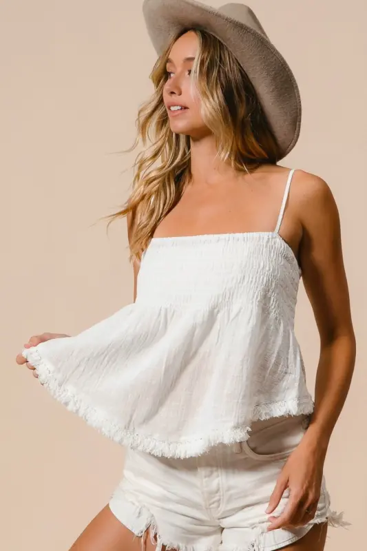 White Fringed Hem Smocked Cami online