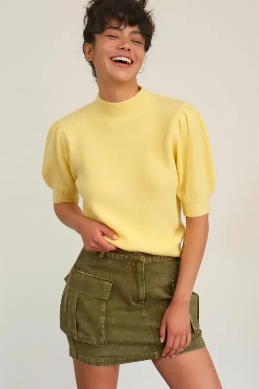 Yellow Mock Neck Puff Sleeve Sweater online